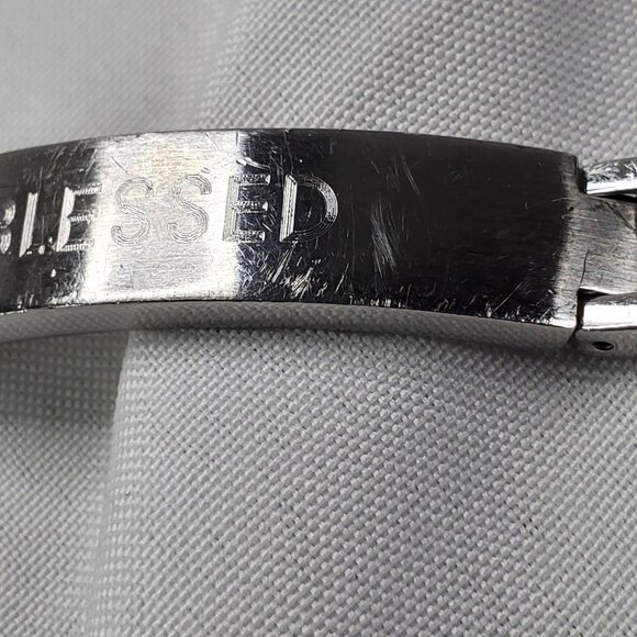 Mens Christian Blessed Cross Bracelet Engraved Stainless Steel Cuban Chain 8.25" - Picture 6 of 7